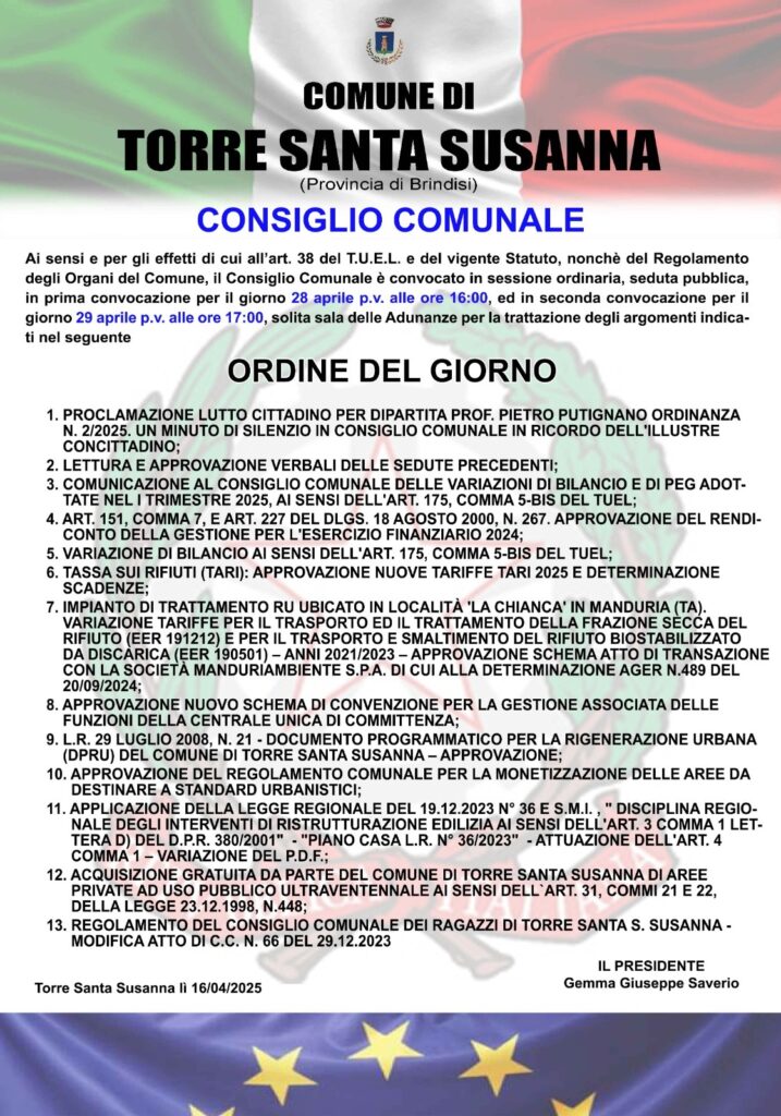 CONVOCAZIONE CONSIGLIO COMUNALE DEL GIORNO 28.04.2025. ORDINE DEL ...